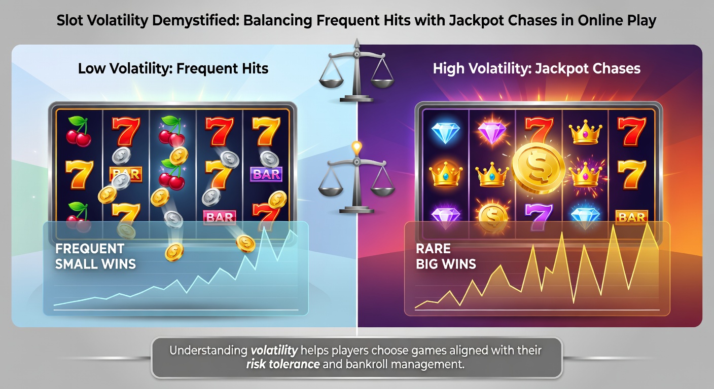 Grafik mit Balkendiagrammen, die Volatilitätsstufen vergleichen, neben einem Screenshot eines hoch-volatilen Slots mit explodierenden Wilds